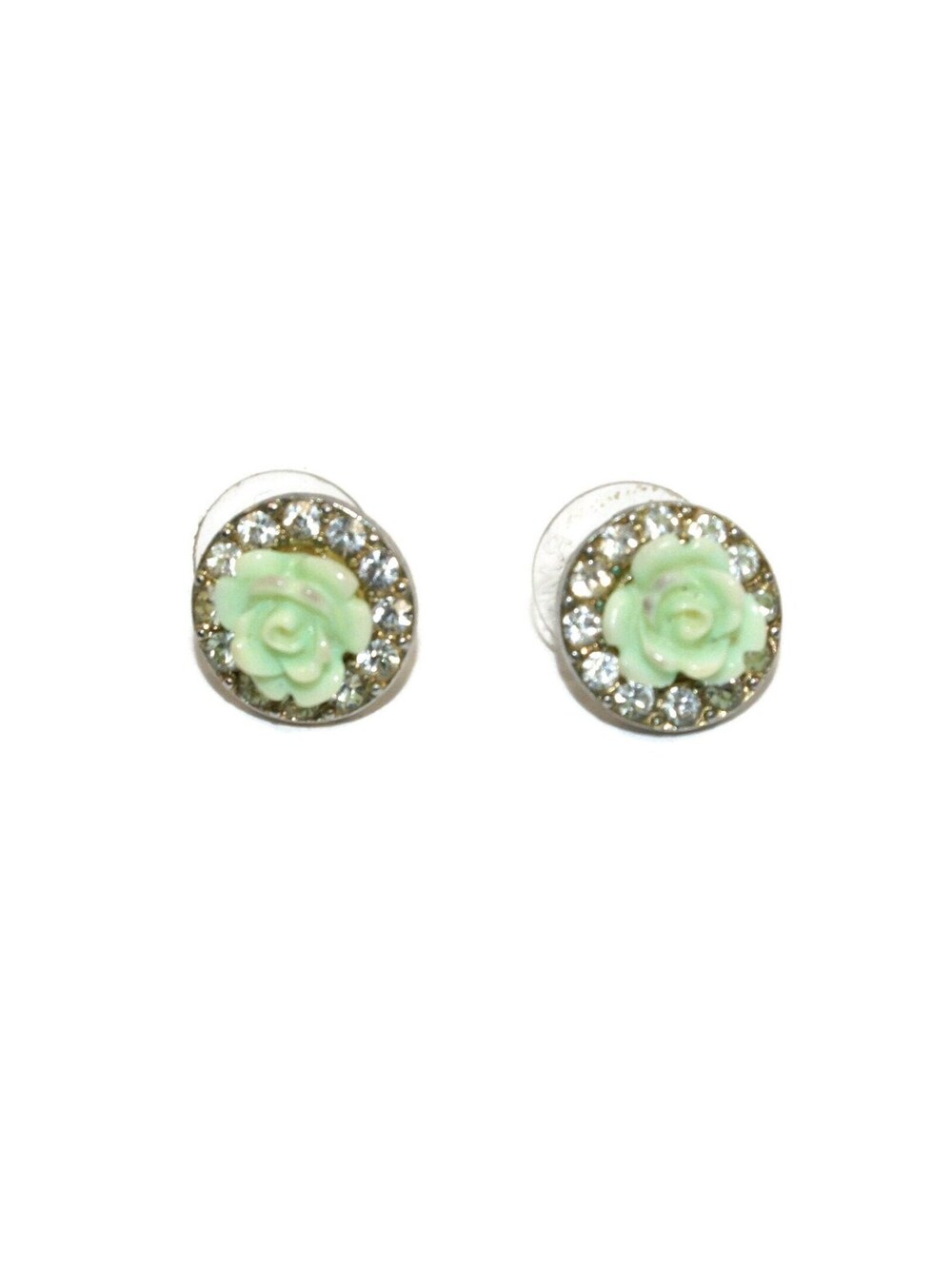 Vintage Silver Tone, Resin and Rhinestone Mint Green Rose Stud Earrings.